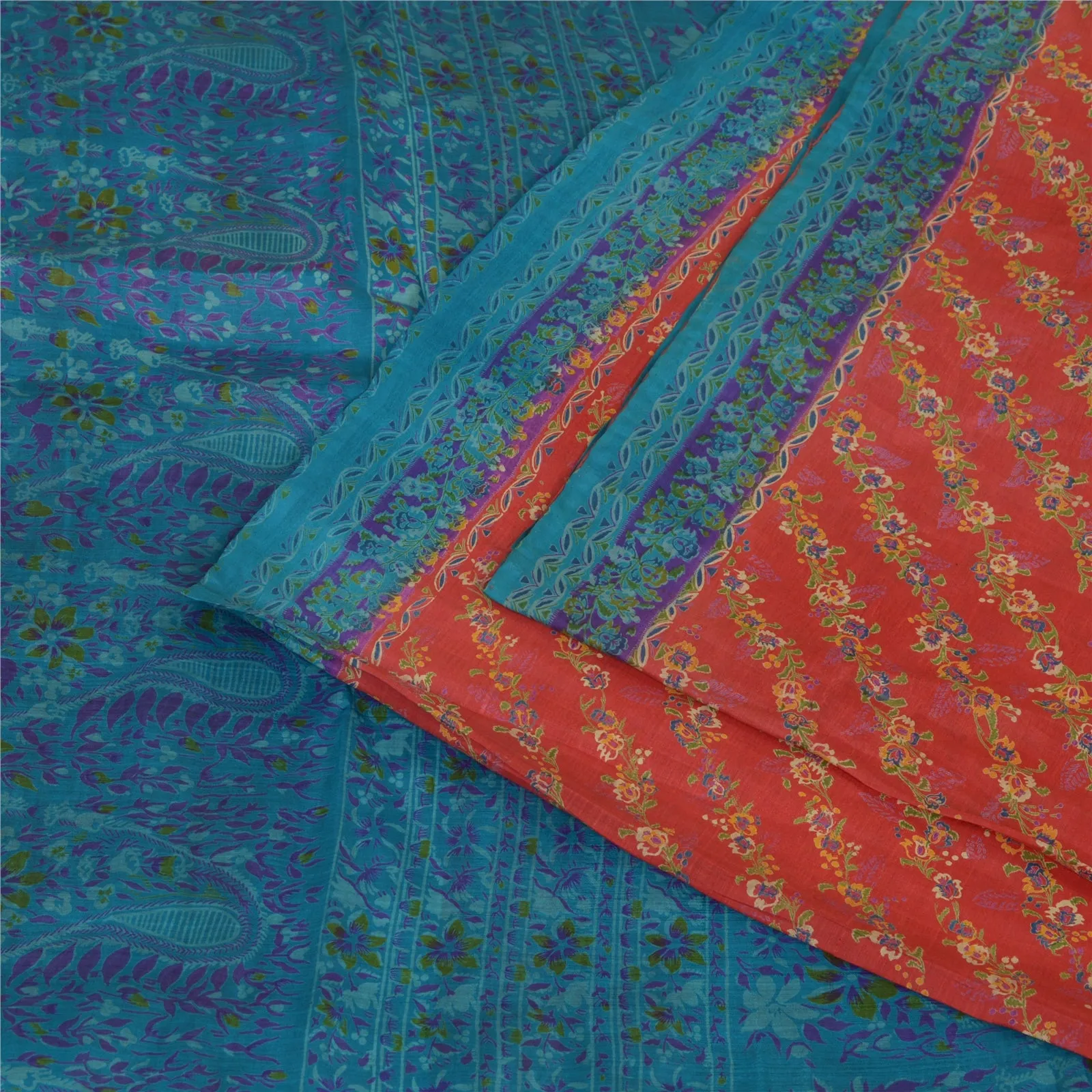 Sanskriti Vintage Sarees Red-Blue Printed 100% Pure Silk Sari 5yd Craft Fabric