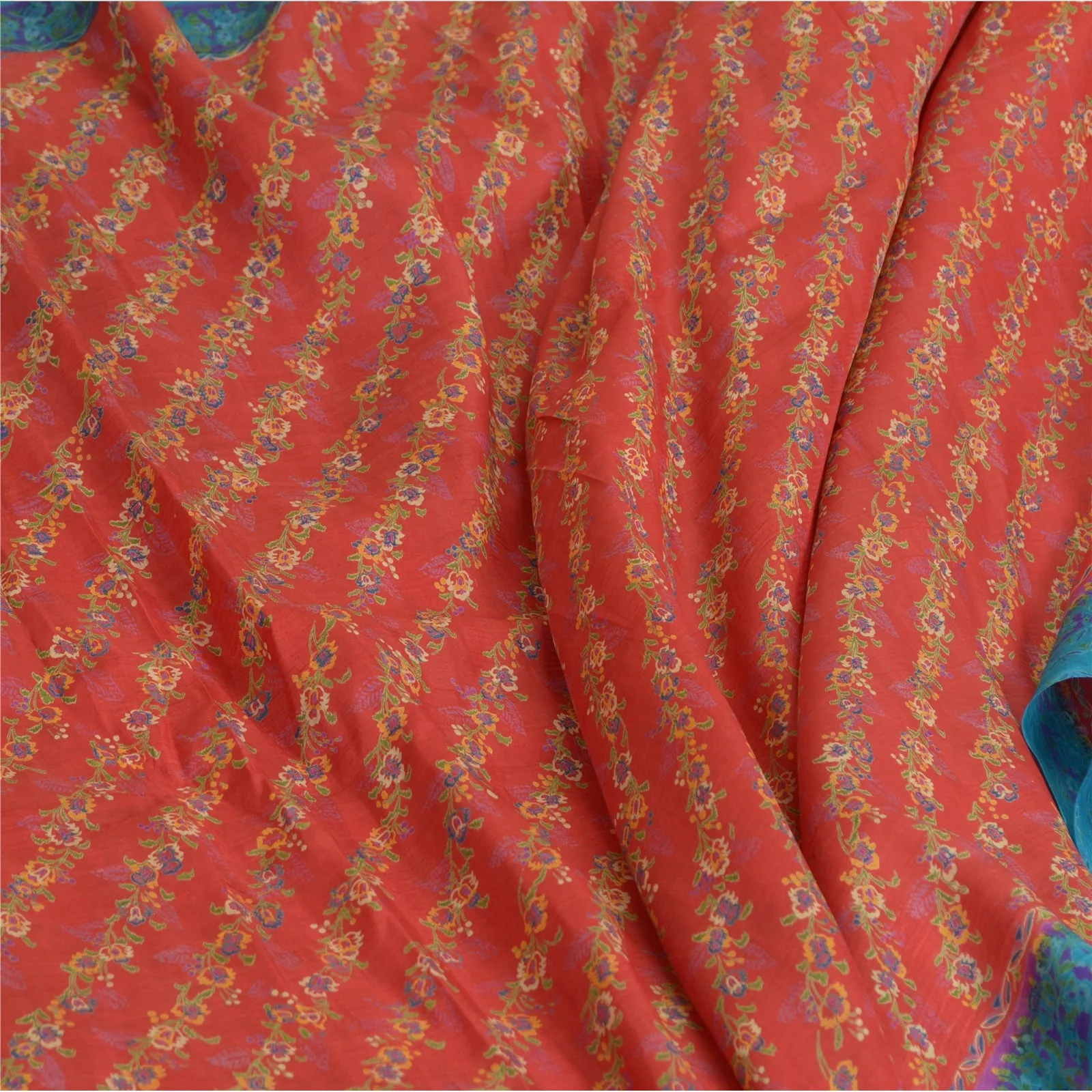 Sanskriti Vintage Sarees Red-Blue Printed 100% Pure Silk Sari 5yd Craft Fabric