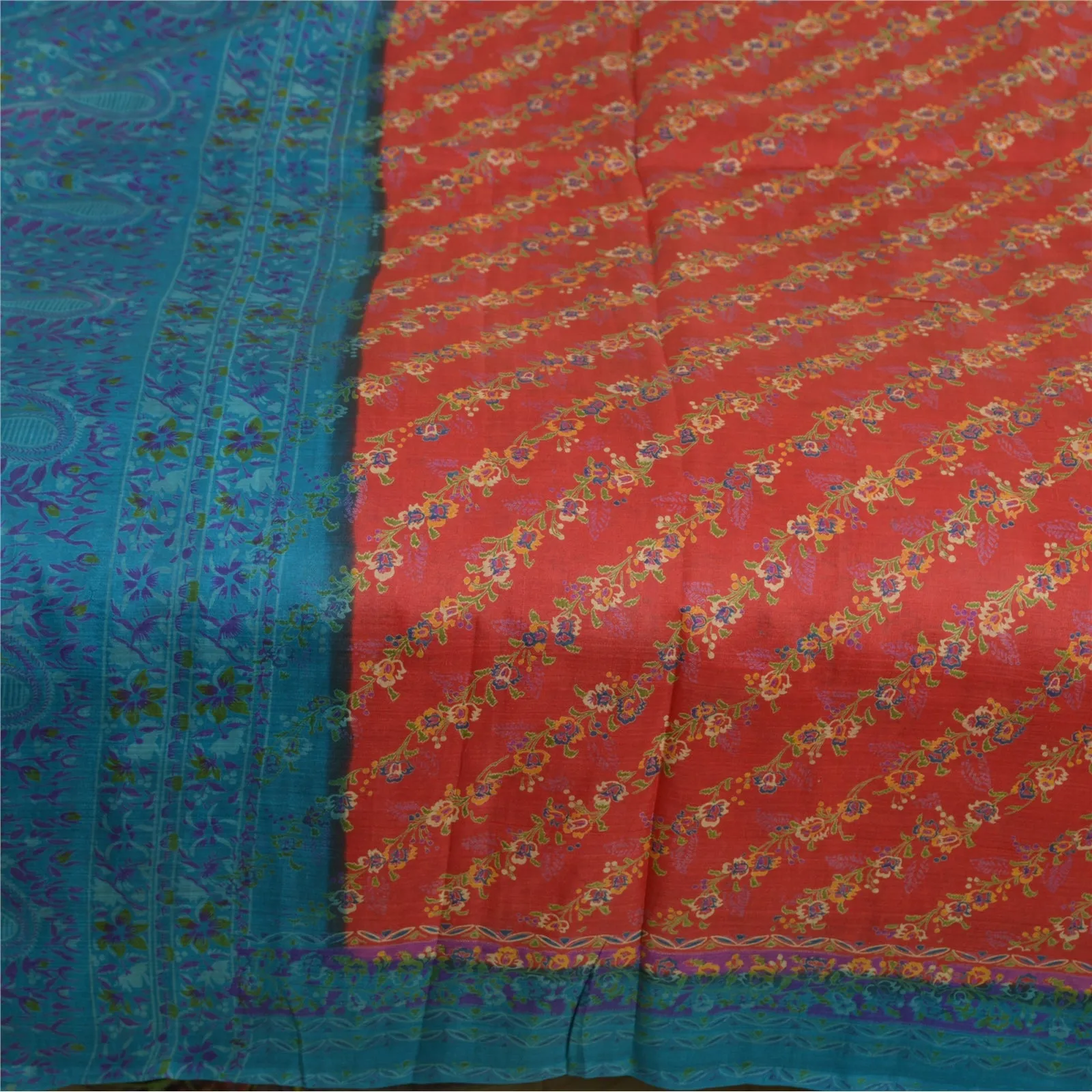 Sanskriti Vintage Sarees Red-Blue Printed 100% Pure Silk Sari 5yd Craft Fabric