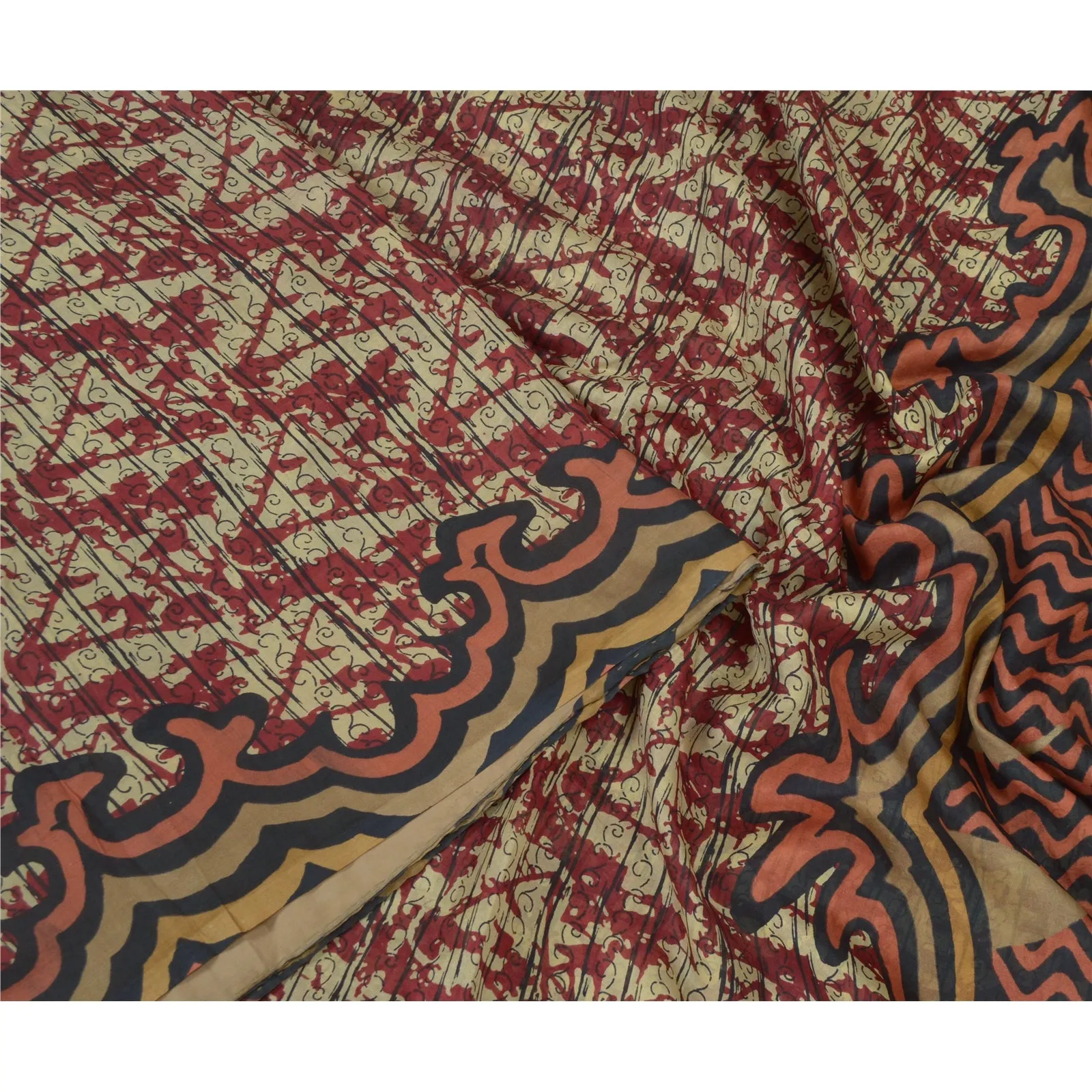 Sanskriti Vintage Sarees Red Print Quilting Felting Craft Fabric Pure Silk Sari