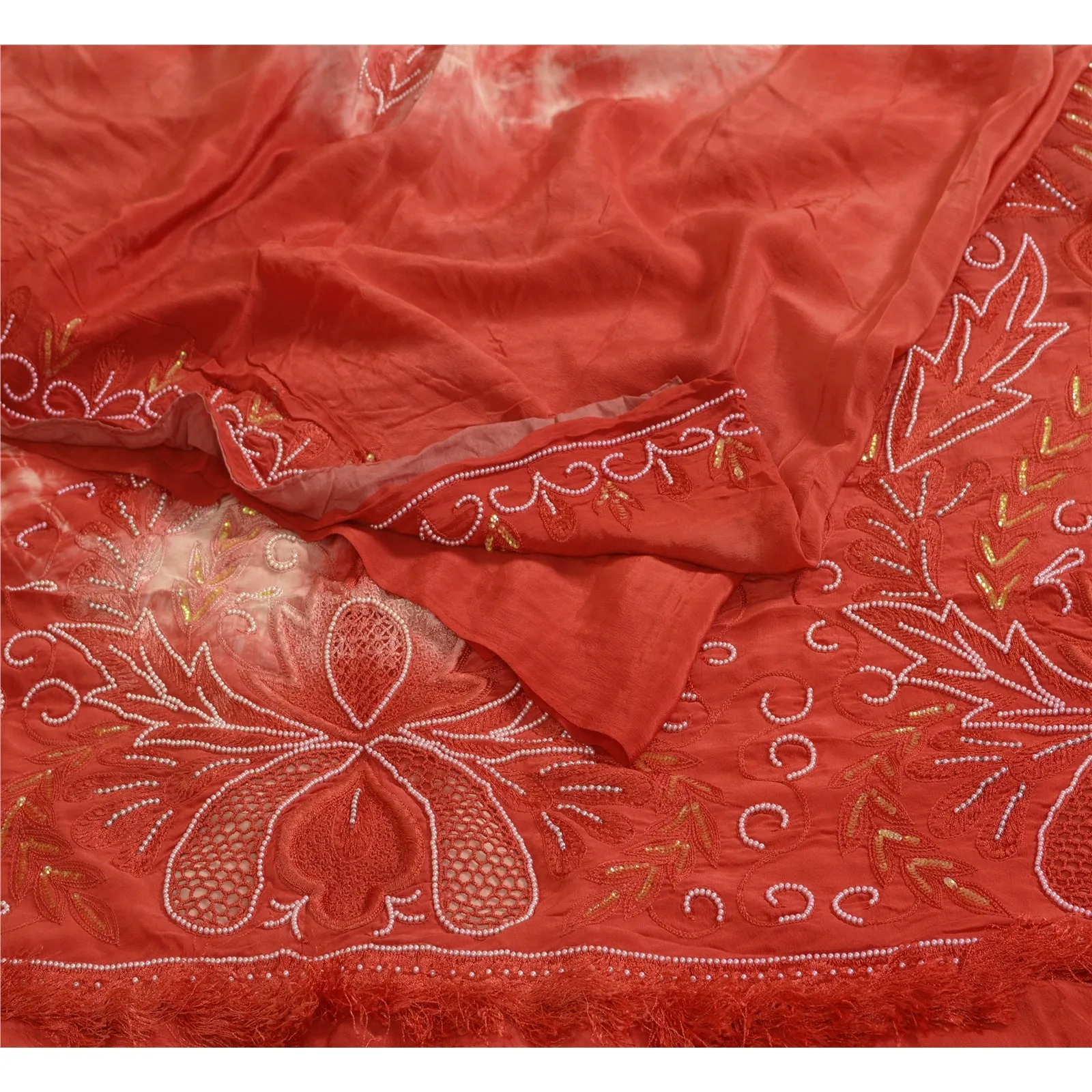 Sanskriti Vintage Sarees Red Tie-Dye Hand Bead Pure Crepe Silk Sari Craft Fabric