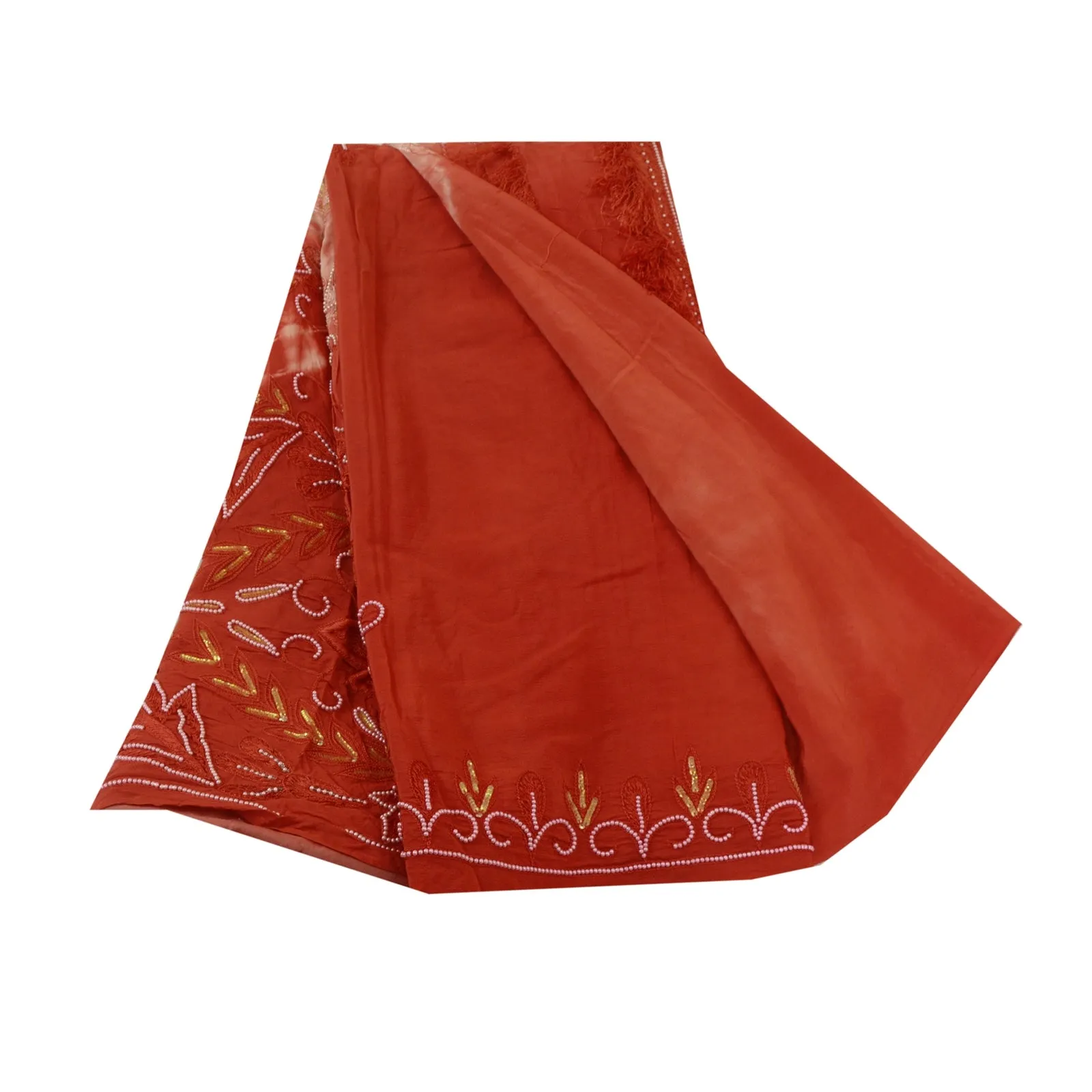 Sanskriti Vintage Sarees Red Tie-Dye Hand Bead Pure Crepe Silk Sari Craft Fabric