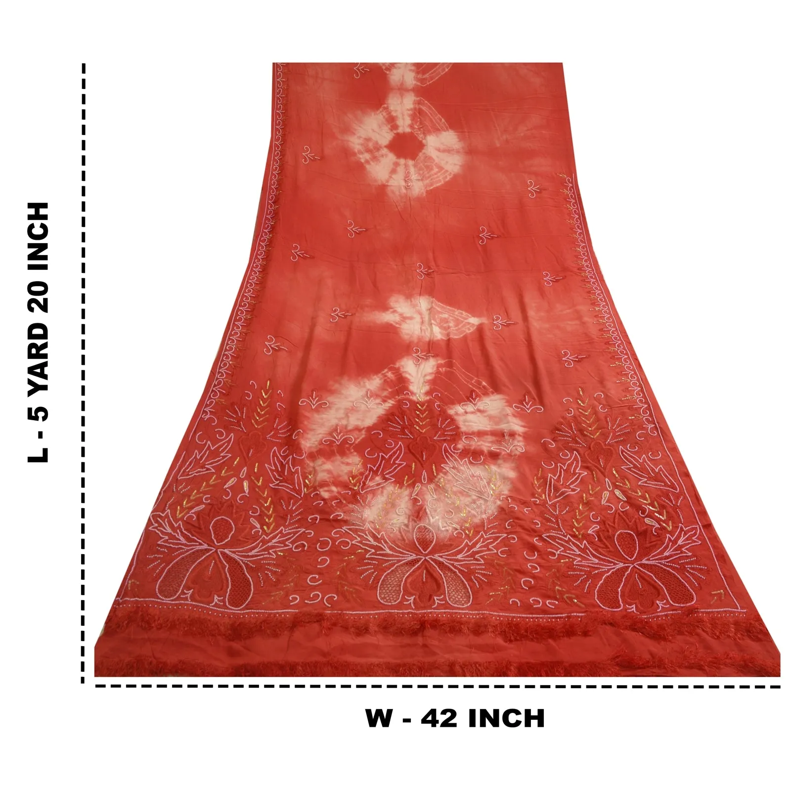 Sanskriti Vintage Sarees Red Tie-Dye Hand Bead Pure Crepe Silk Sari Craft Fabric