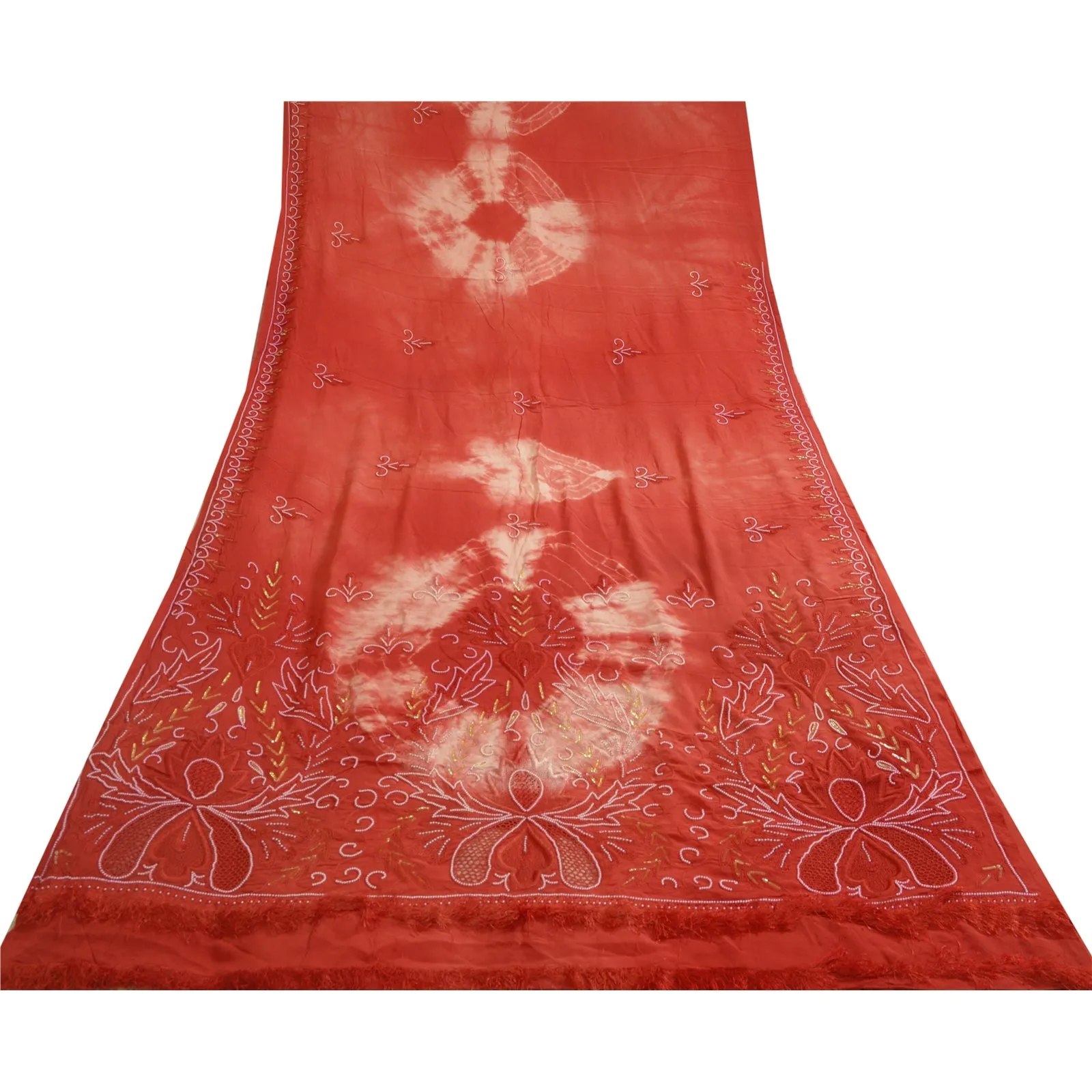 Sanskriti Vintage Sarees Red Tie-Dye Hand Bead Pure Crepe Silk Sari Craft Fabric