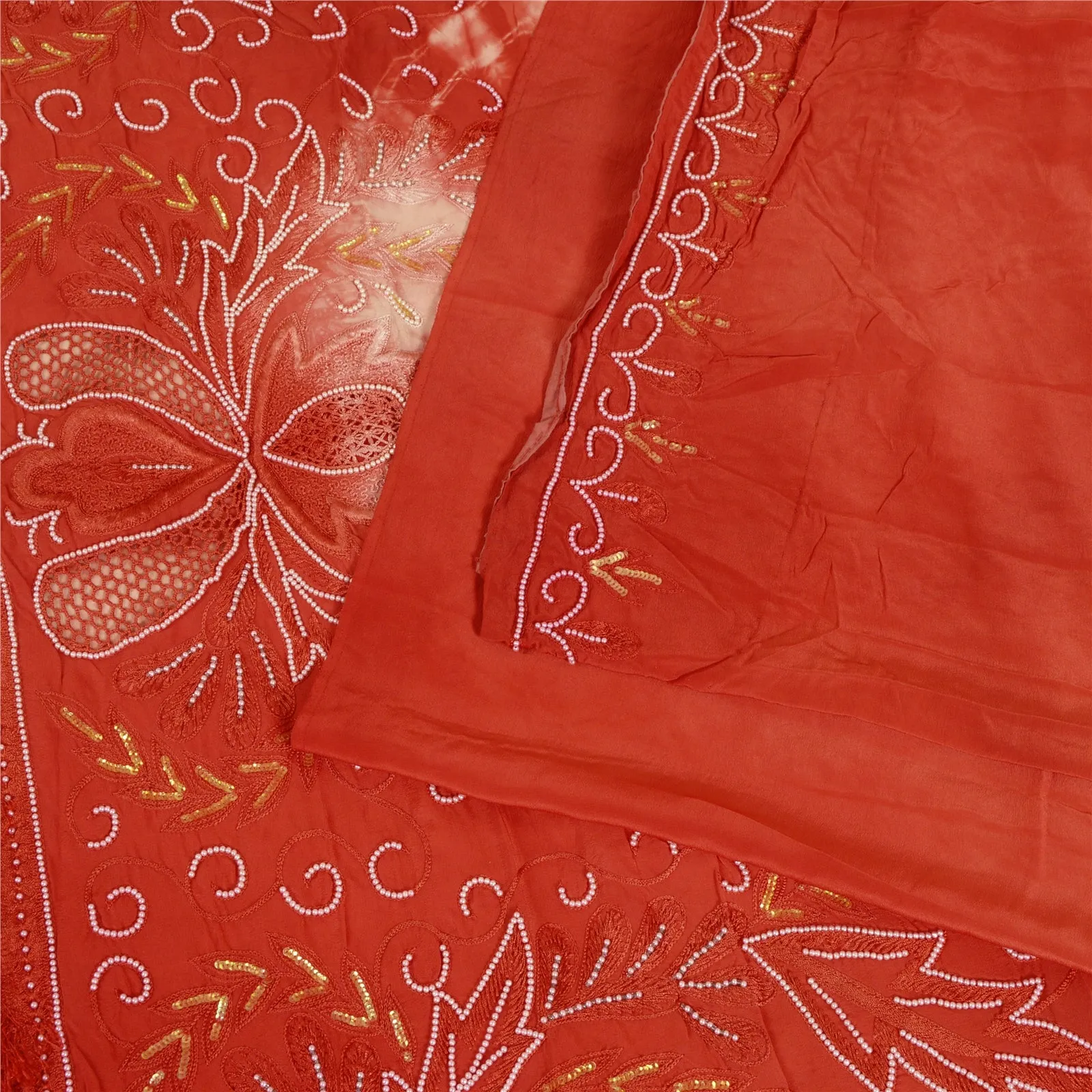 Sanskriti Vintage Sarees Red Tie-Dye Hand Bead Pure Crepe Silk Sari Craft Fabric