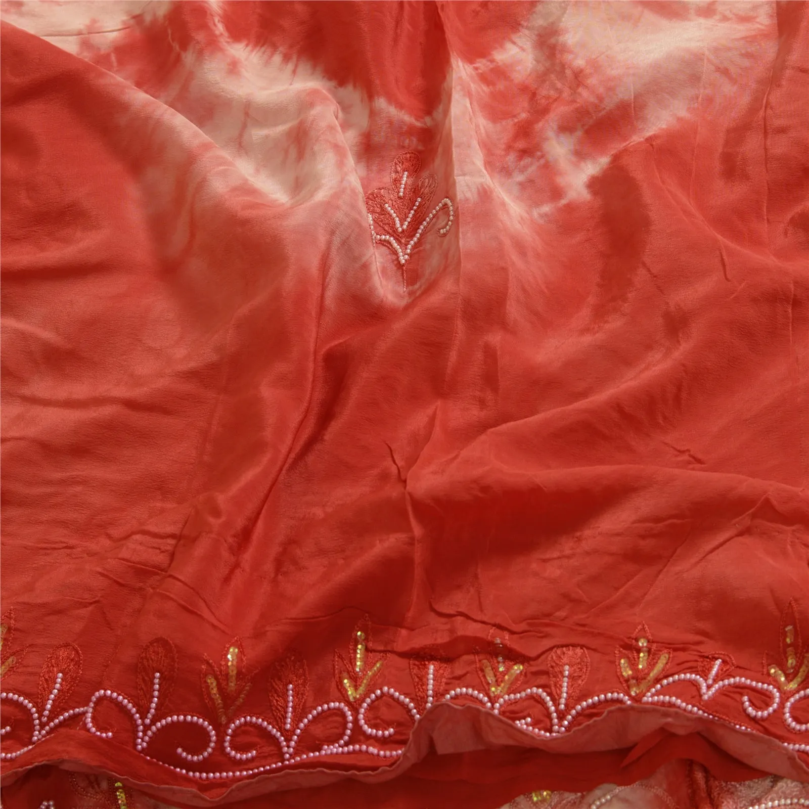 Sanskriti Vintage Sarees Red Tie-Dye Hand Bead Pure Crepe Silk Sari Craft Fabric