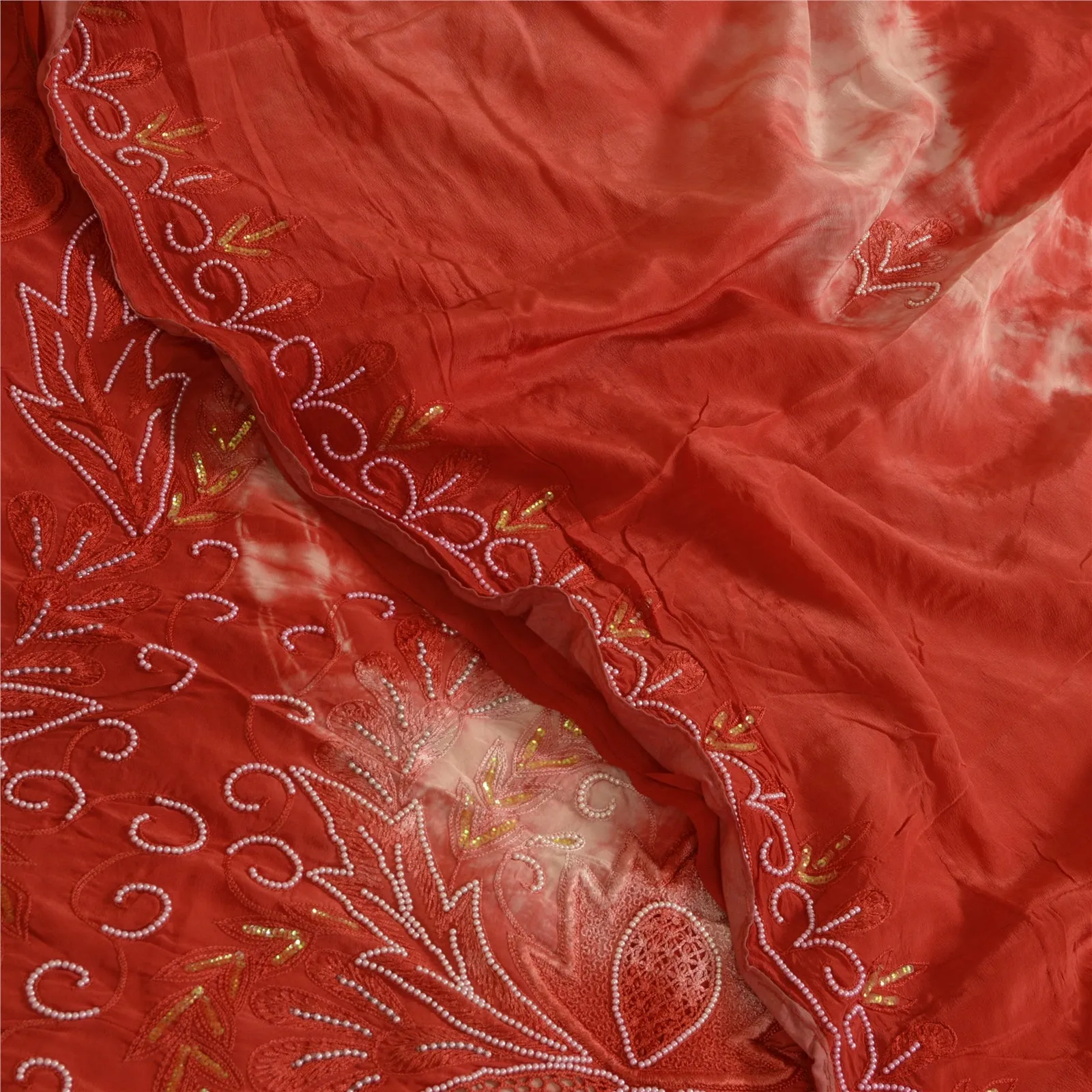 Sanskriti Vintage Sarees Red Tie-Dye Hand Bead Pure Crepe Silk Sari Craft Fabric