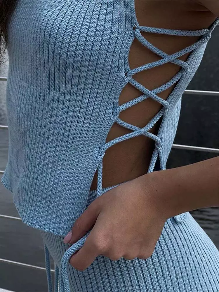 Sexy Lace Up Hollow Out Cropped Vest For Women 2023 Autumn Cut Out Short Sleeveless Sweater Vests Female Streetwear Sweater Top