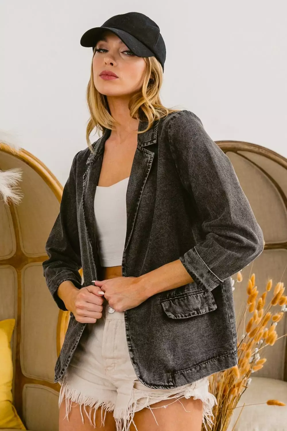 Single Breasted Washed Denim Blazer Black