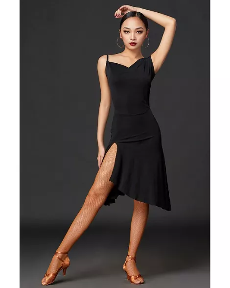 Sleeveless Black Latin Practice Dress with Straps and Loose Skirt with Slit PRA 763_sale