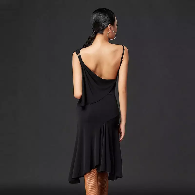 Sleeveless Black Latin Practice Dress with Straps and Loose Skirt with Slit PRA 763_sale