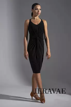 Sleeveless Latin Practice Dress with Gathered Waist Detail, Fringe Sash, and Knee-Length Skirt with Slit in Back Available in Mu