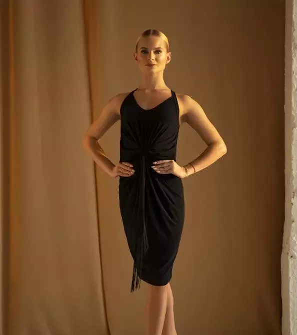 Sleeveless Latin Practice Dress with Gathered Waist Detail, Fringe Sash, and Knee-Length Skirt with Slit in Back Available in Mu