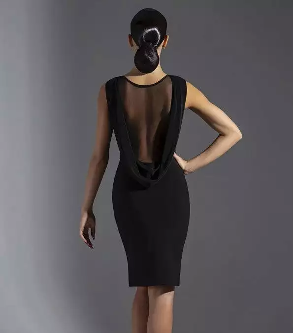 Sleeveless Latin Practice Dress with Mesh Back and Sash. Sleek Skirt Features Side Slit PRA 576