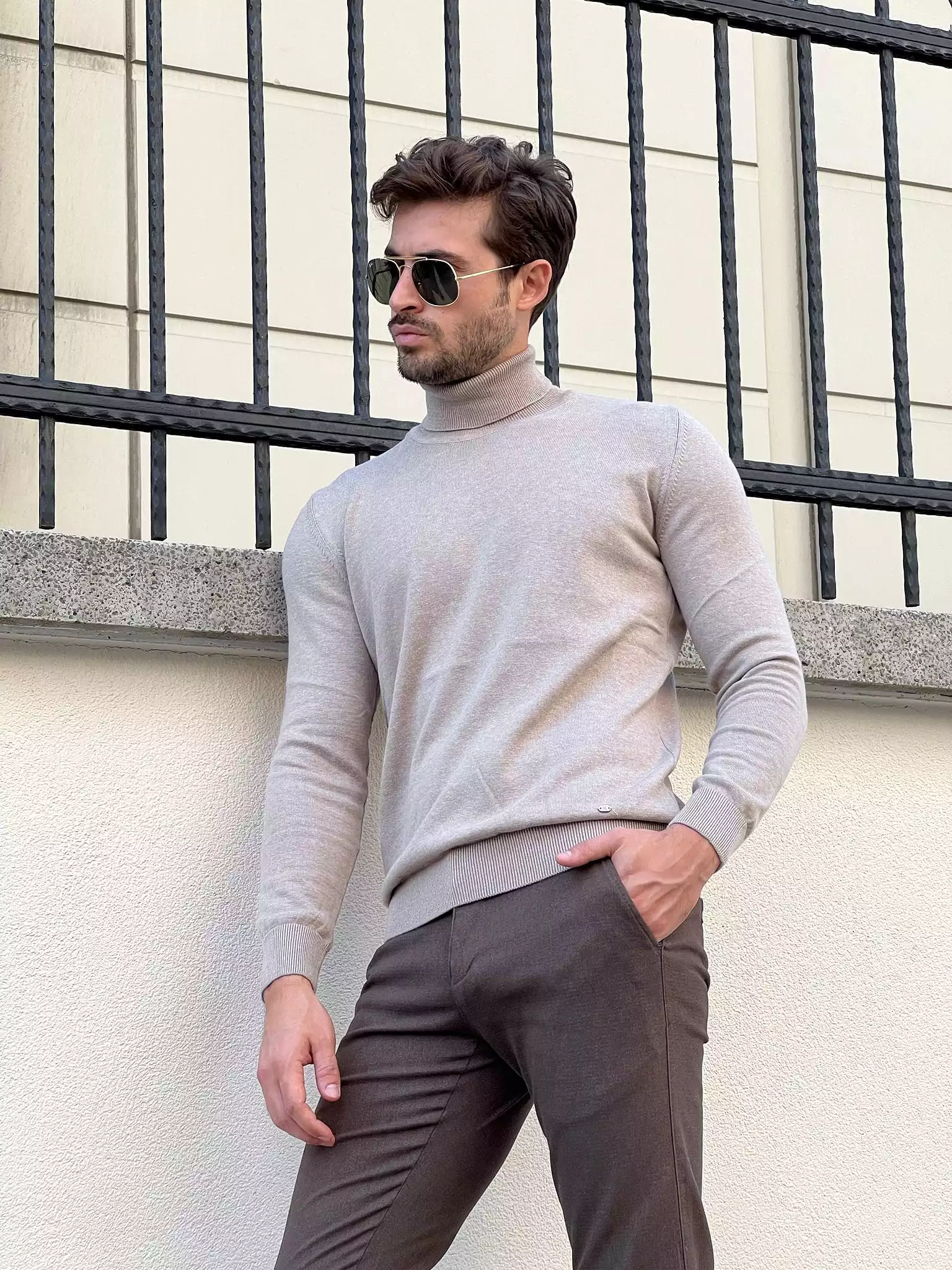 Slim Fit Beige Turtleneck Sweater