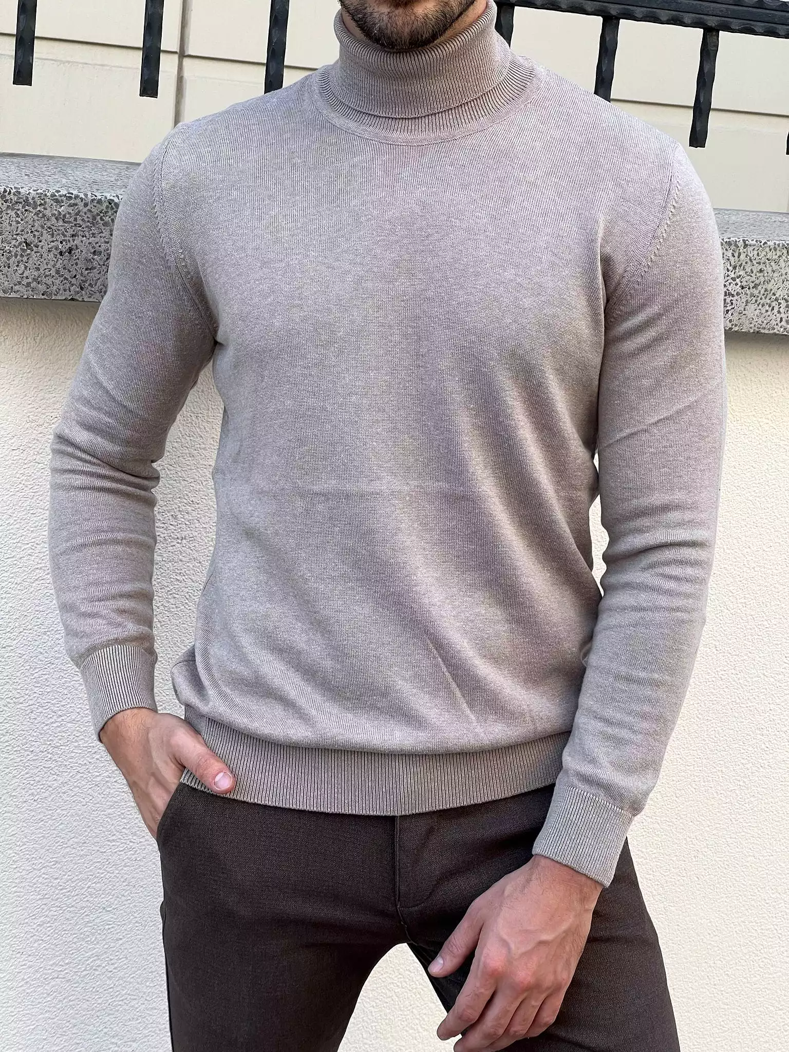 Slim Fit Beige Turtleneck Sweater