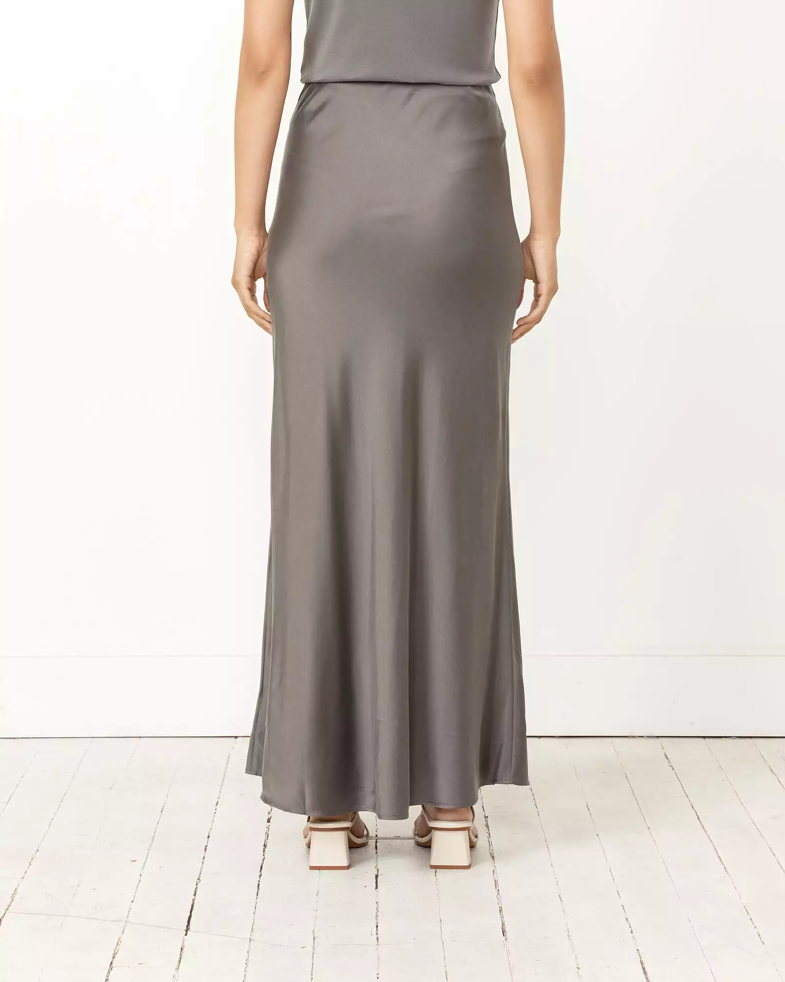 Soft Silk Maxi Skirt in Pewter Grey