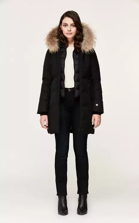 SOIA & KYO WOMENS CHRISTY BRUSHED DOWN COAT WITH NATURAL FUR BLACK