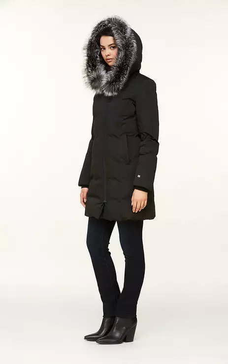 SOIA & KYO WOMENS SALMA CLASSIC DOWN COAT WITH REMOVABLE SILVER FUR BLACK