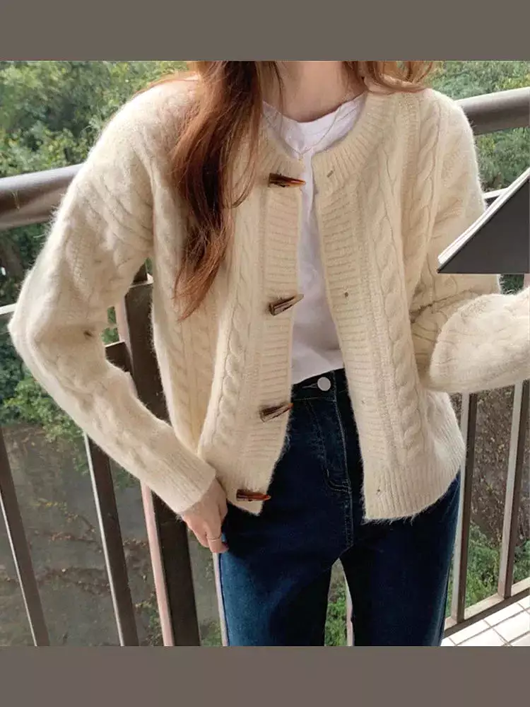 Spring Jacquard Horn Button Cardigan Women Chic Vintage Loose Knitted Sweater Autumn Winter Long Sleeve Lady Thicken Knitwear