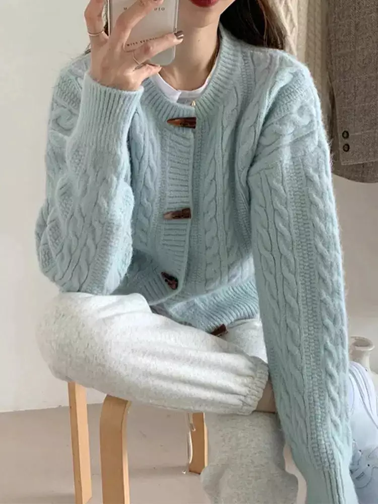 Spring Jacquard Horn Button Cardigan Women Chic Vintage Loose Knitted Sweater Autumn Winter Long Sleeve Lady Thicken Knitwear