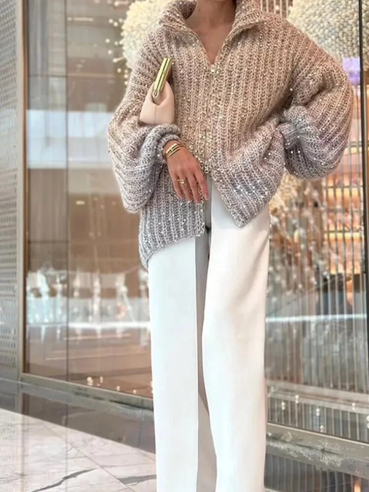 Stand Collar Sequin Knitted Women's Sweater Cardigans Zippers Lantern Long Sleeve