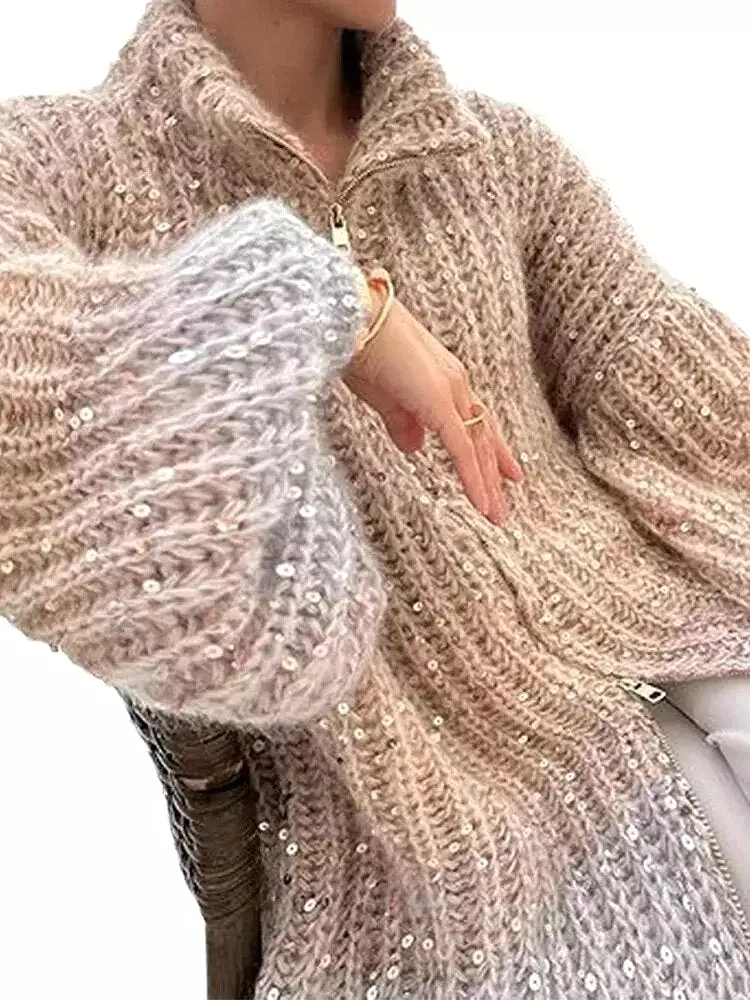 Stand Collar Sequin Knitted Women's Sweater Cardigans Zippers Lantern Long Sleeve