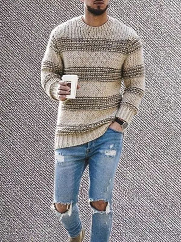 Striped Round Neck Men Pullover Sweater