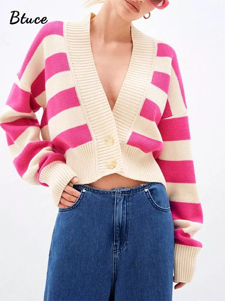 Stripped Rib Knit V-neck Crop Sweater Cardigans Women Single Breasted Long Sleeve Knitwear 2023 Autumn Female Fashion Streetwear