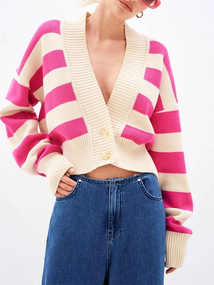 Stripped Rib Knit V-neck Crop Sweater Cardigans Women Single Breasted Long Sleeve Knitwear 2023 Autumn Female Fashion Streetwear