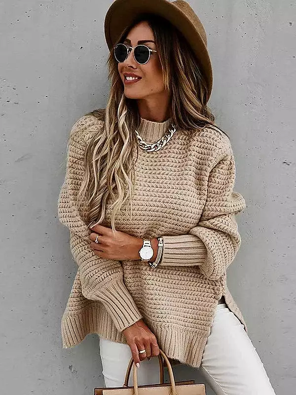 Stylish Split Knitted Long Sleeve Pullover Sweater for Women