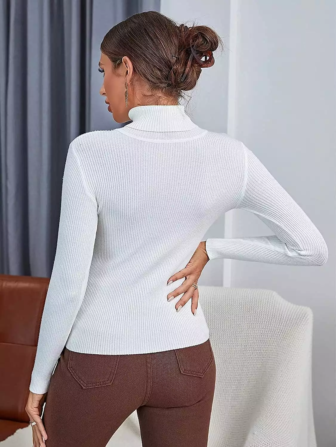 Stylish Women's Turtleneck Ribbed Knit Pullover Sweater