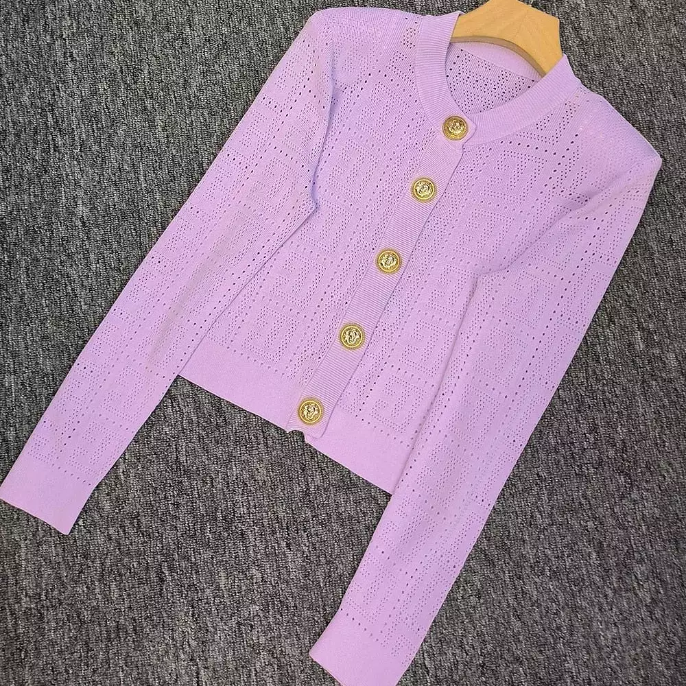 Thin Knitting Fabric Long Sleeve See-through Geometrical Pattern 4 Colors Fresh Purple Buttons Short Cardigans Women Sweater