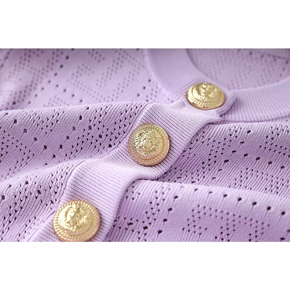 Thin Knitting Fabric Long Sleeve See-through Geometrical Pattern 4 Colors Fresh Purple Buttons Short Cardigans Women Sweater