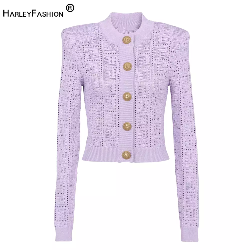 Thin Knitting Fabric Long Sleeve See-through Geometrical Pattern 4 Colors Fresh Purple Buttons Short Cardigans Women Sweater