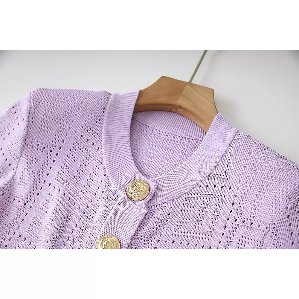 Thin Knitting Fabric Long Sleeve See-through Geometrical Pattern 4 Colors Fresh Purple Buttons Short Cardigans Women Sweater