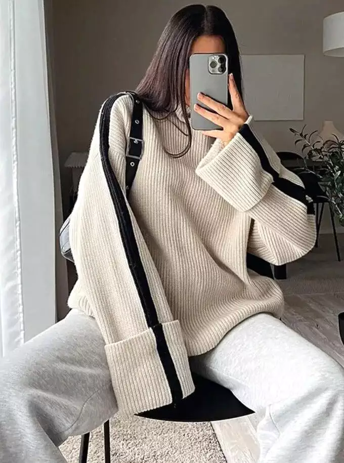 Turtleneck Panelled Kint Women Pullover Sweater Long Sleeve Striped Casual Female Sweaters 2023 Autumn Elegant Lady Clothes