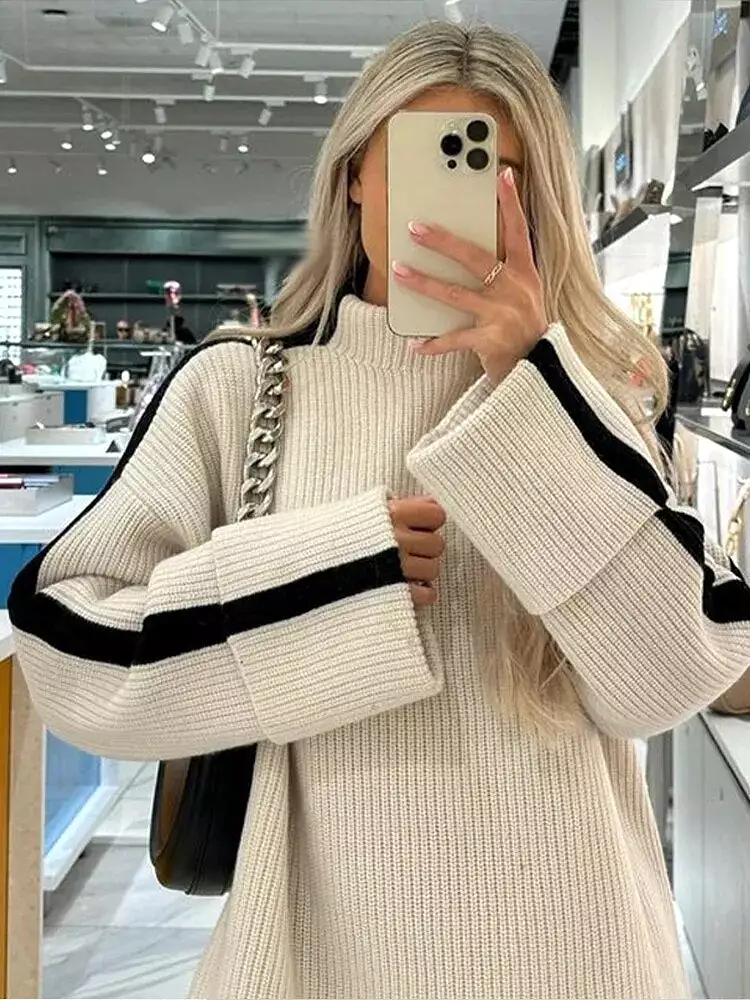 Turtleneck Panelled Kint Women Pullover Sweater Long Sleeve Striped Casual Female Sweaters 2023 Autumn Elegant Lady Clothes