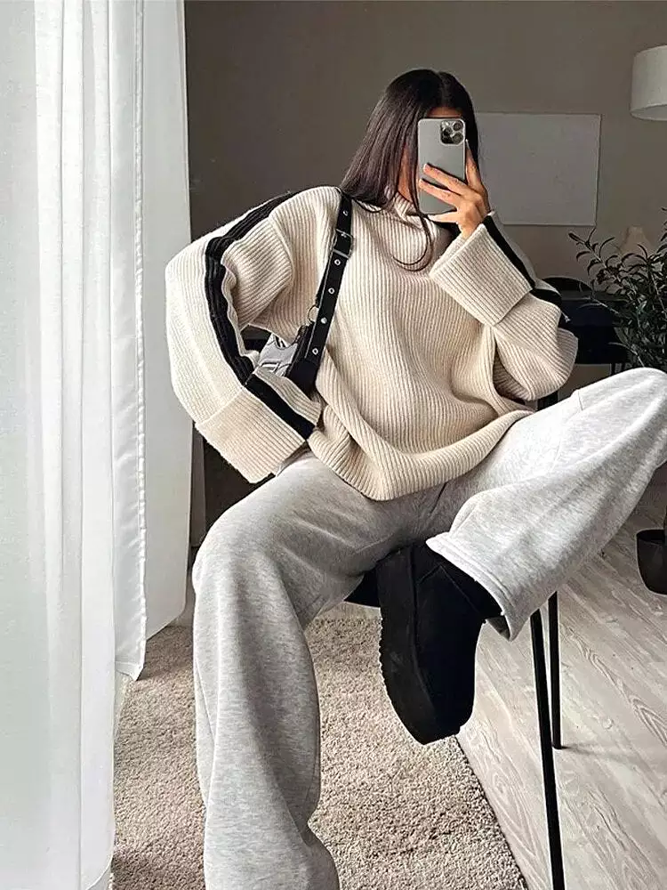 Turtleneck Panelled Kint Women Pullover Sweater Long Sleeve Striped Casual Female Sweaters 2023 Autumn Elegant Lady Clothes