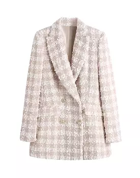 Tweed Knitted Long Blazer In Beige