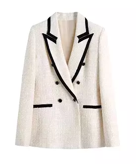 Tweed Long Lapel Knitted Blazer with Contrast Edges