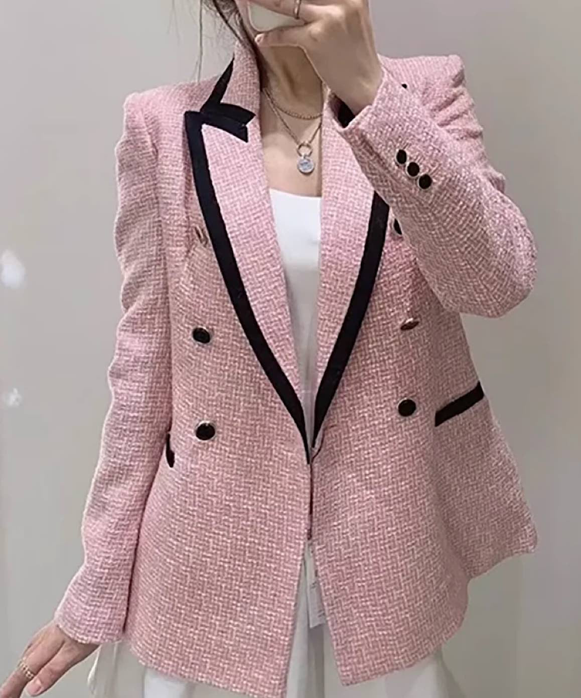 Tweed Long Lapel Knitted Blazer with Contrast Edges