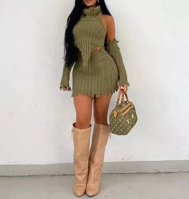 Unconventional Sweater Sets Women's Sets Long Sleeve Sexy Knitted Top+ Skirt Set 3 piece sets