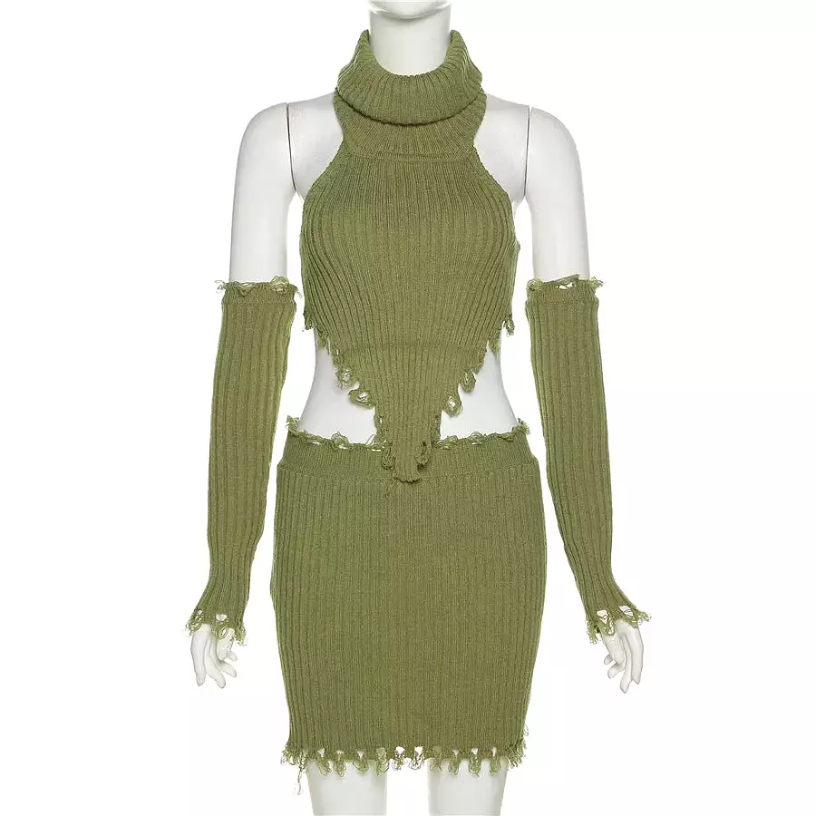 Unconventional Sweater Sets Women's Sets Long Sleeve Sexy Knitted Top+ Skirt Set 3 piece sets