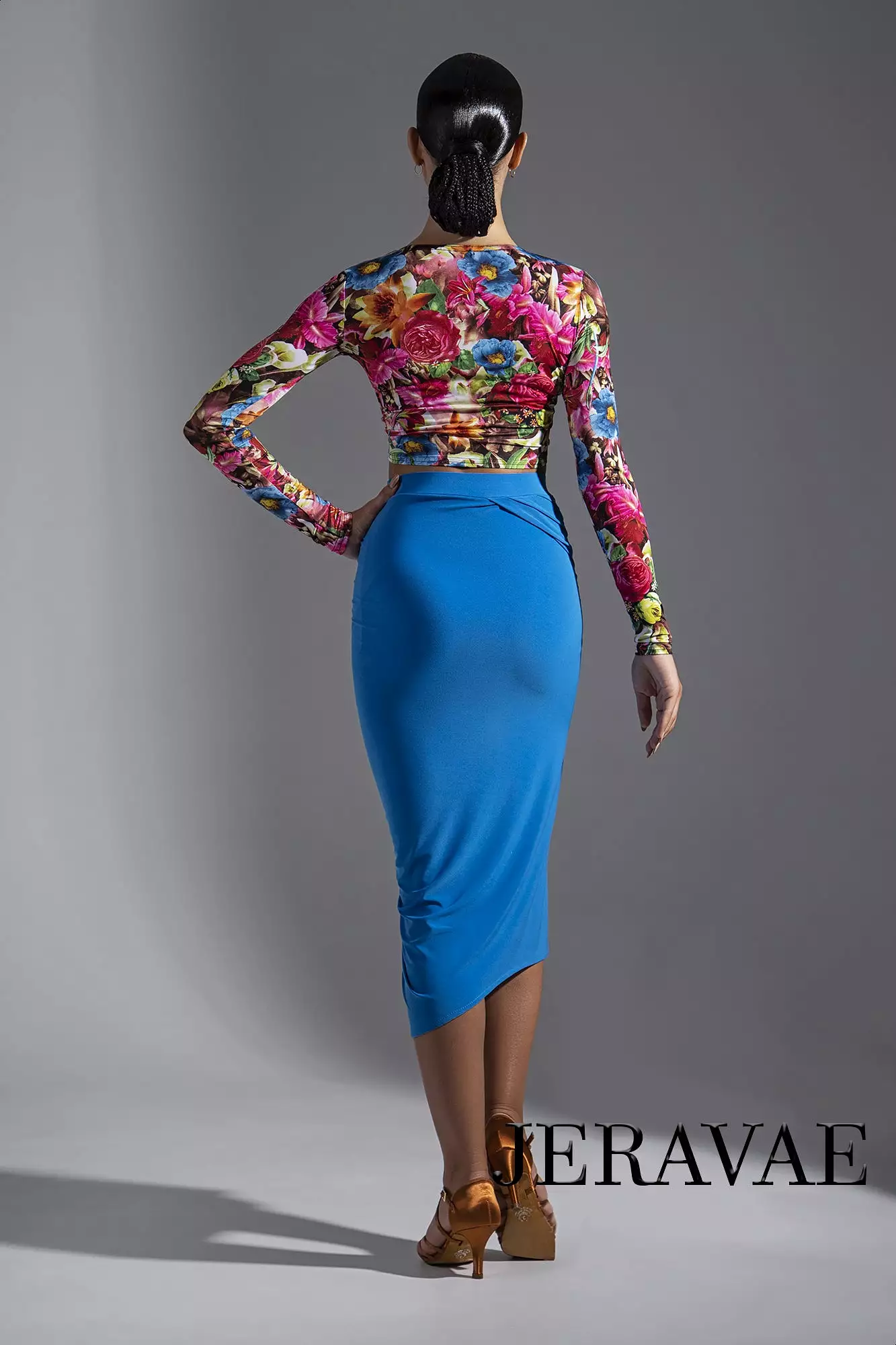 Unique Latin Practice Skirt with Gathered Detail and Slit Available in Blue and Black PRA 587