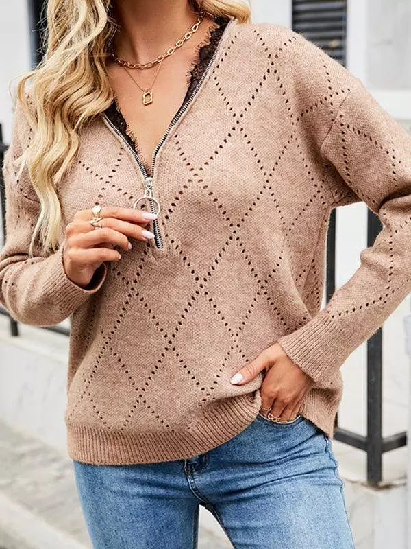 V-Neck Zipper Knitwear Sweater Top for Women