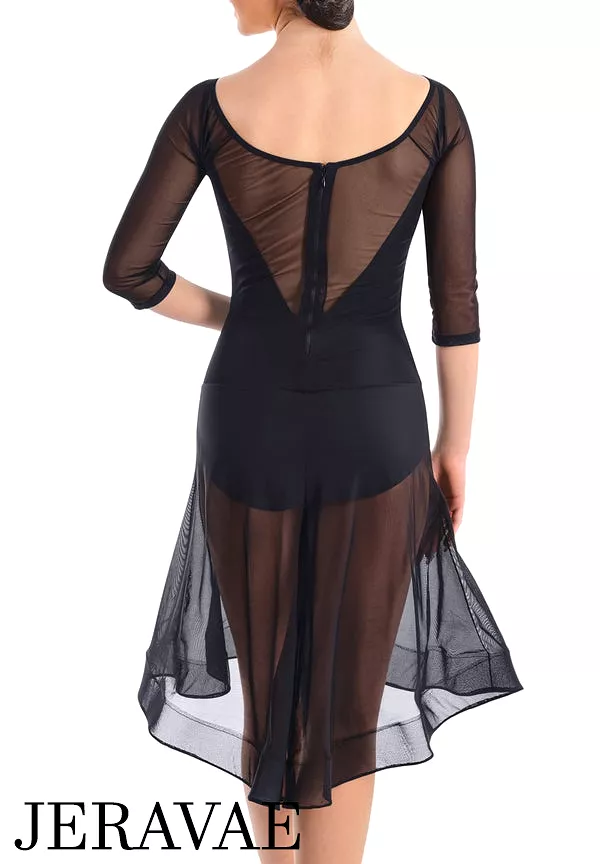 Victoria Blitz Naomi Sheer Black Latin Practice Dress with Boat Neck, 3/4 Length Mesh Sleeves, and Gathered Detail in Front of S