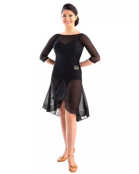 Victoria Blitz Naomi Sheer Black Latin Practice Dress with Boat Neck, 3/4 Length Mesh Sleeves, and Gathered Detail in Front of S