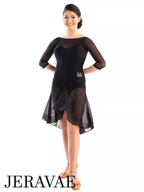 Victoria Blitz Naomi Sheer Black Latin Practice Dress with Boat Neck, 3/4 Length Mesh Sleeves, and Gathered Detail in Front of S