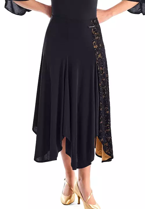 Victoria Blitz Pachino Black Ballroom Practice Skirt with a Floral Lace Panel on the Side with Nude Lining and Asymmetrical Heml